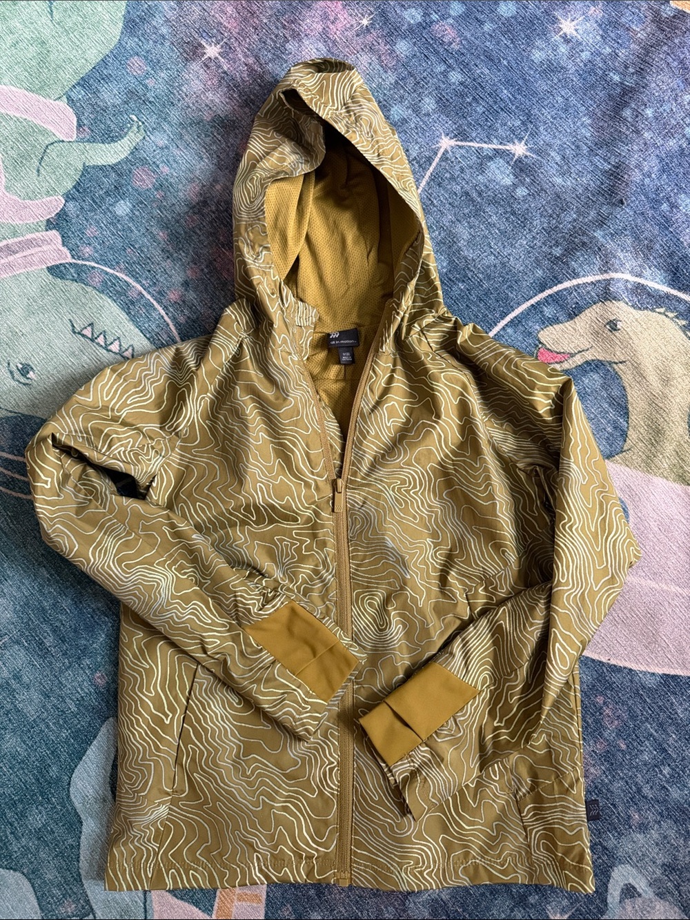 Kids Hooded Rain Jacket with pockets in olive green with Topographic Print